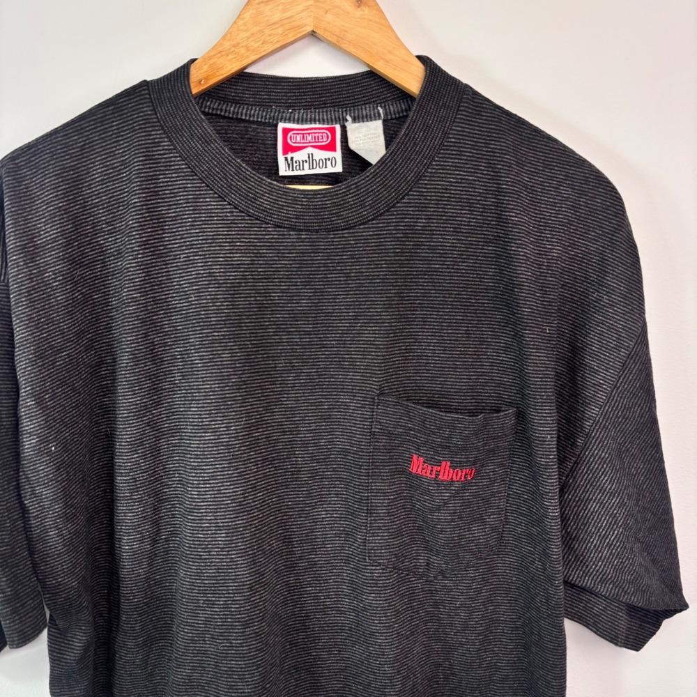 Vintage 1990s Marlboro Unlimited Striped Pocket T-Shirt L XL Cigarette Promo